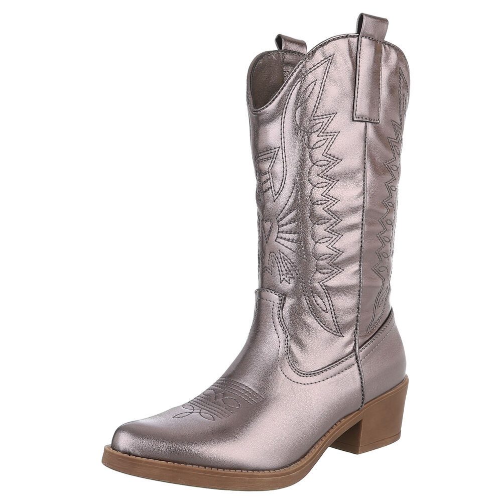Ital-Design Damen Kniehohe Western-Stiefel mit Stickerei und Blockabsatz Westernstiefel (89938067) Blockabsatz Stiefel in Bronze