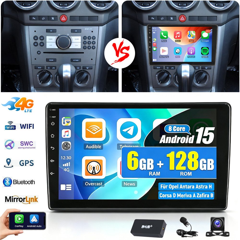 ESSGOO Android 15 6+128GB Carplay GPS Für Opel Antara Astra Corsa D Zafira B Autoradio (RDS, 4G LTE, Digitalradio (DAB), FM, AM, 6+128G, Carplay Android Auto Bluetooth EQ USB GPS Navi WIFI Touchscreen)
