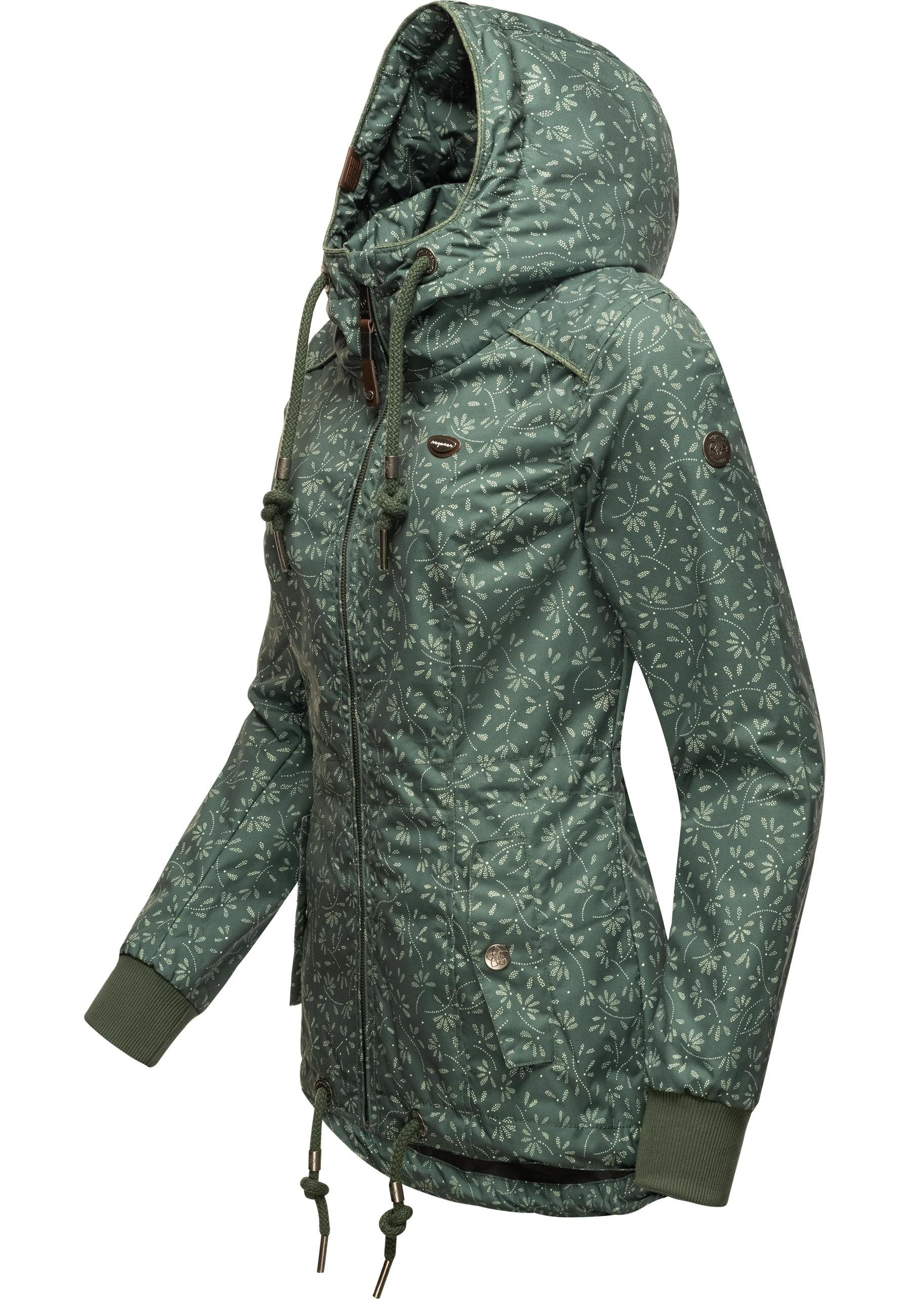 dunkelgrün Kapuze Übergangsjacke Outdoorjacke Danka mit Ragwear Bloom und Print stylische