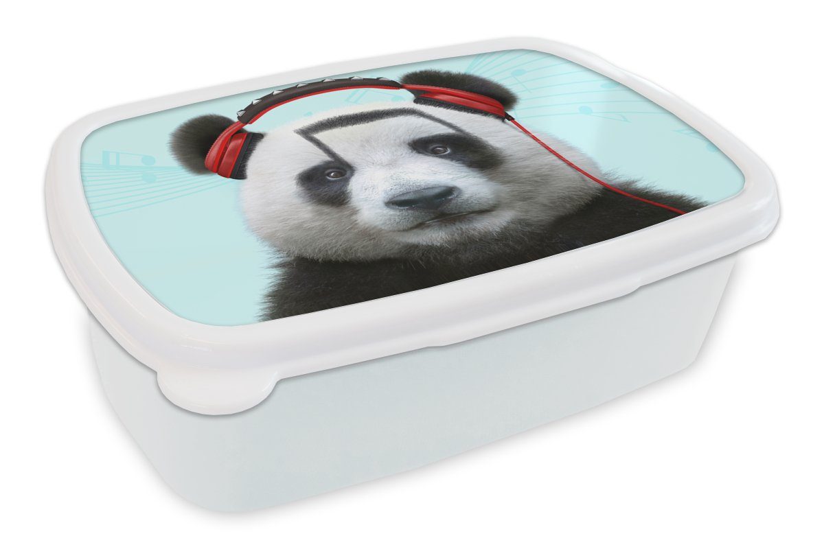 MuchoWow Lunchbox Panda - Kopfhörer - Tier - Musiknoten - Rot, Kunststoff, (2-tlg), Brotbox für Kinder und Erwachsene, Brotdose, für Jungs und Mädchen weiß