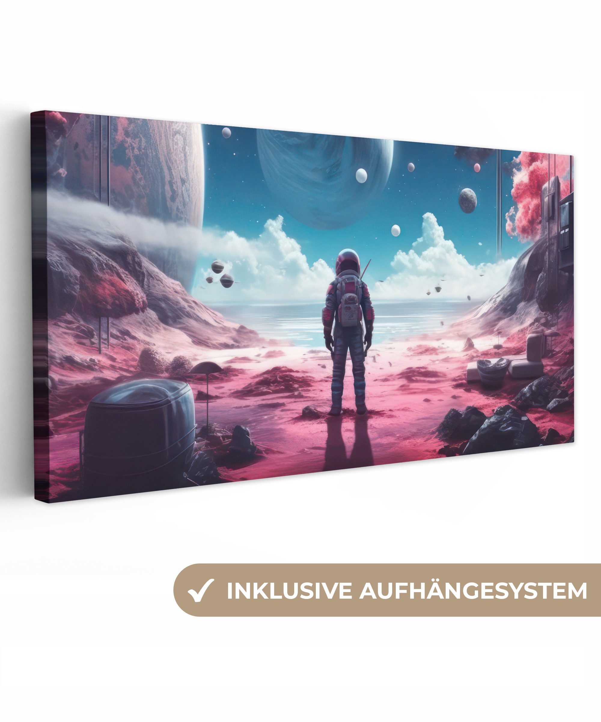 OneMillionCanvasses® Leinwandbild Panorama Astronaut - Weltraum - Planeten - Wolken, Fotodruck (1 St), Gaming Bilder, Wandbild Gamingzimmer, Deko Wandbilder Gamer 40x20 cm