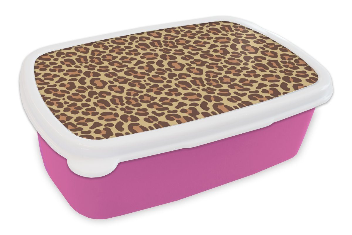 Brotbox MuchoWow Kinder, Erwachsene, Lunchbox Leopard Brotdose für rosa Pelz, Muster Mädchen, Kunststoff (2-tlg), - Kunststoff, Snackbox, -