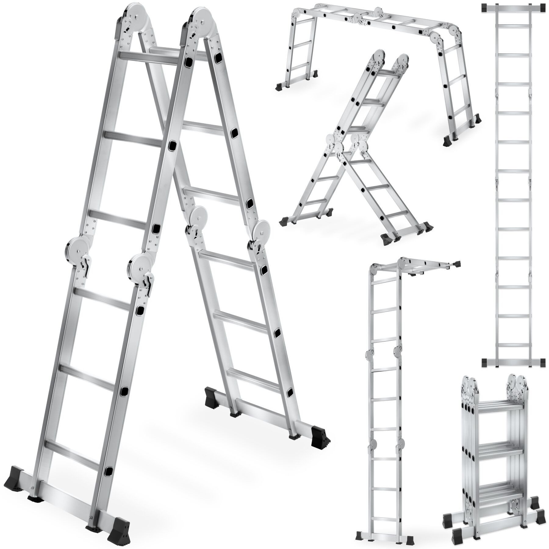 tectake Teleskopleiter Aluminium Mehrzweckleiter 6in1, klappbar, Belastbarkeit 150 kg (Multifunktionsleiter, in silber), 352 cm, geriffelte Trittfläche, abgerundete Kanten, rutschfest