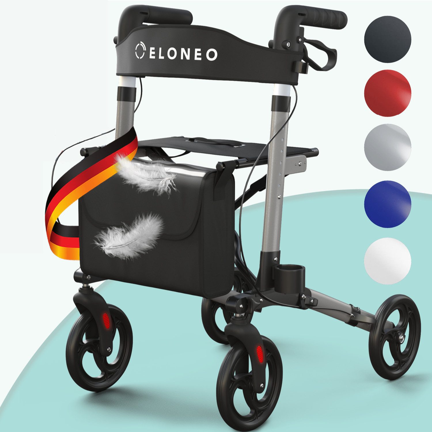 ELONEO Rollator leicht und faltbar mit Sitz, Gehhilfe 8-fach höhenverstellbar, Komfort-Sitz mit Stockhalter, Einkaufstasche & Rückengurt