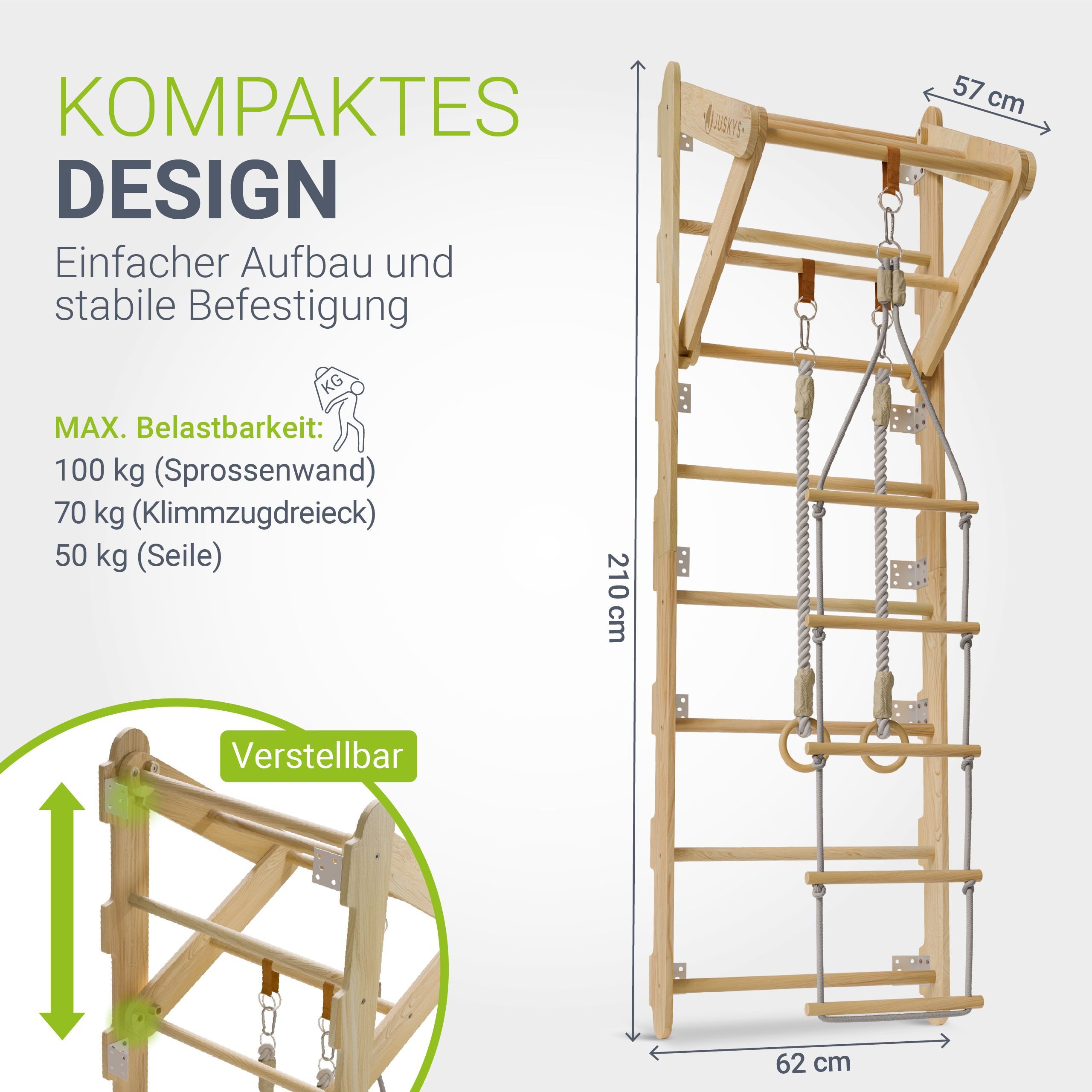 Juskys Sprossenwand, für Kinder, Kletterwand mit Strickseil, Turnringen und Klimmzugstange