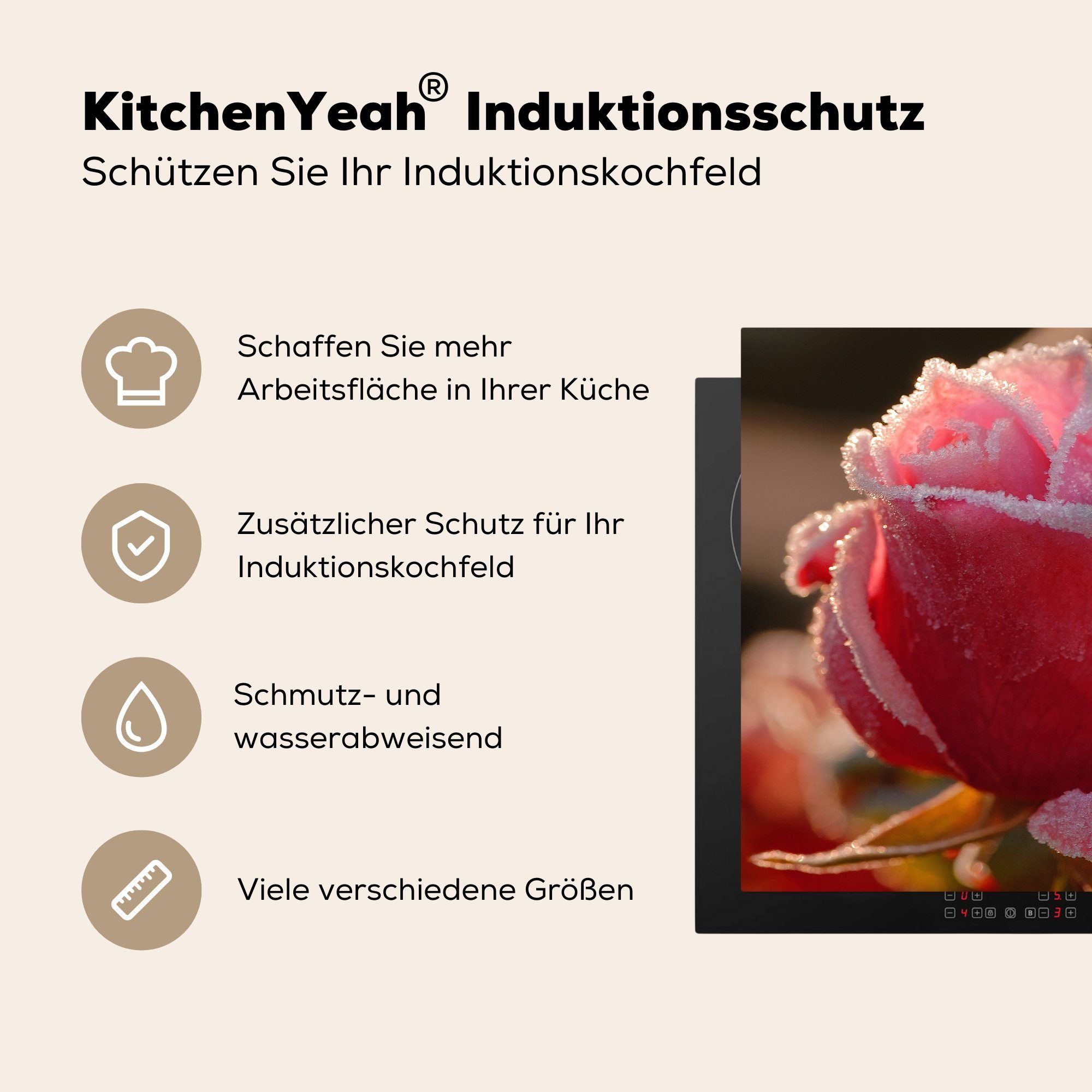 Ceranfeldabdeckung, für Vinyl, Rose, cm, Arbeitsplatte 78x78 MuchoWow (1 Gefroren küche - Herdblende-/Abdeckplatte tlg),