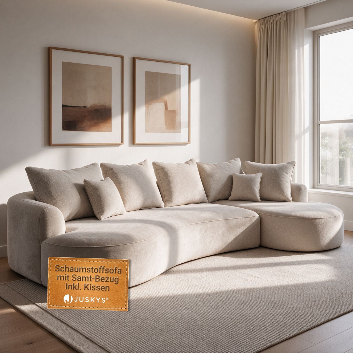 Juskys Ecksofa Tirano in Beige aus Samt mit Ottomane rechts & 7 Kissen, 300 x 155 cm, 2 Teile, Eckcouch mit abgerundeter Form, …