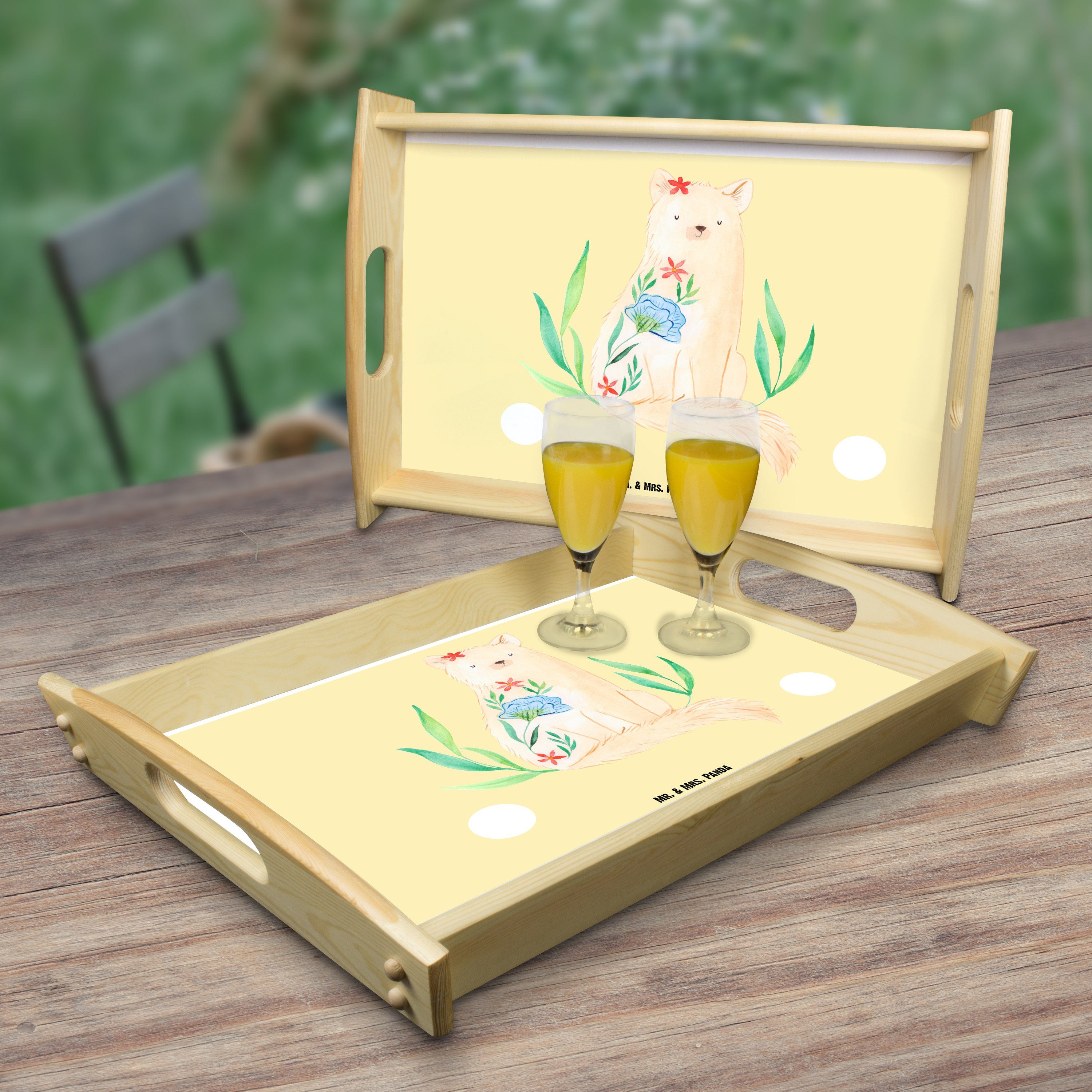 Mr. & Mrs. Panda Tablett Echtholz Geschenk, (1-tlg) - - Dekotablett, Gelb Blumen Pastell Frühstückstablet, lasiert, Katze
