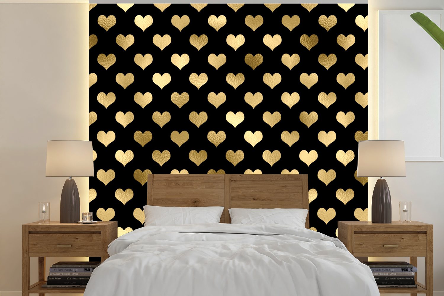 Wohnzimmer MuchoWow St), für Gold, Herz Wandtapete Fototapete (5 Schlafzimmer, Matt, oder bedruckt, Tapete Muster Vinyl - -