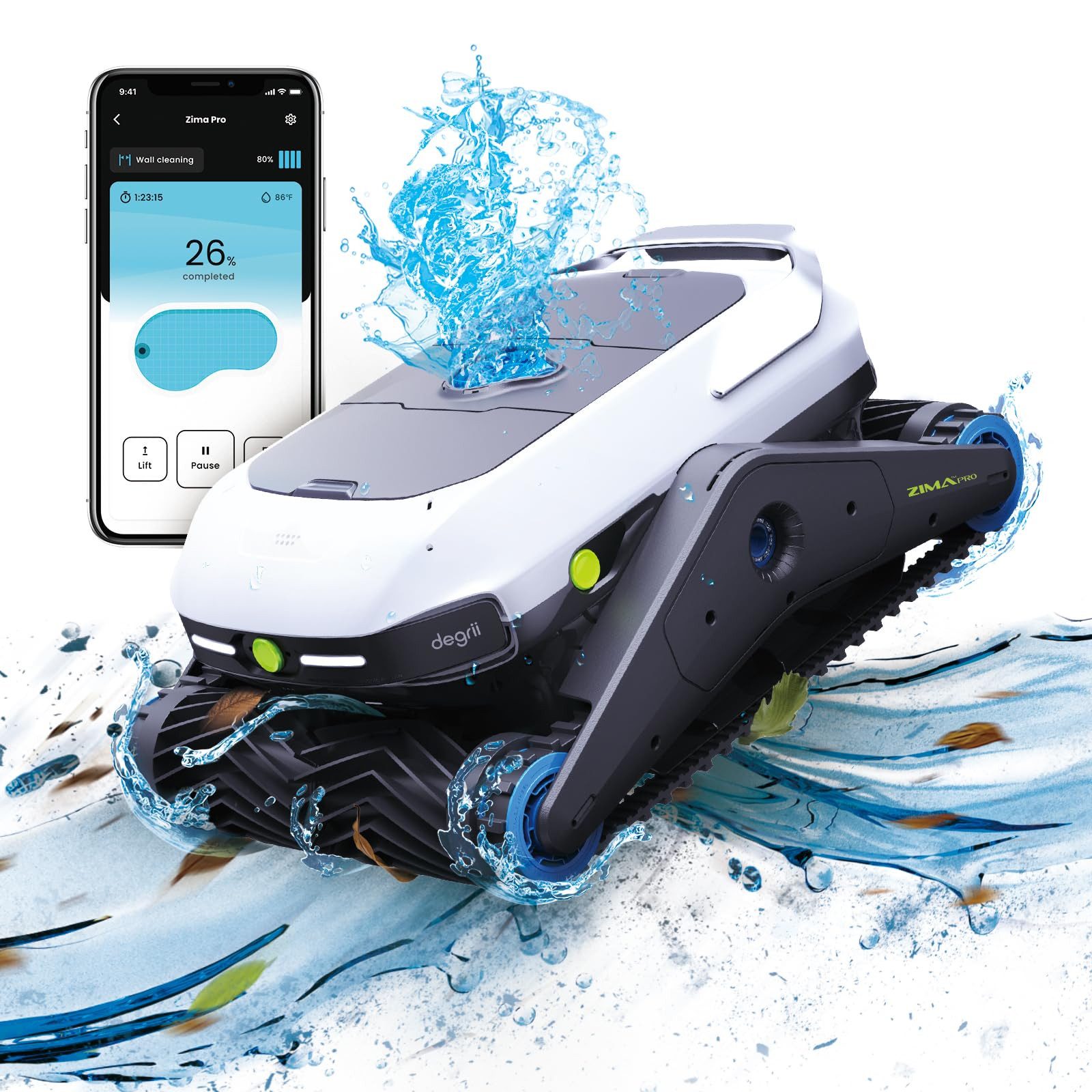 Degrii Poolroboter 2024 Zima Pro, (250W Motor, Ultraschallradar, Automatischer Poolstaubsauger für Intelligente Pfadplanung, bis zu 210Minuten Laufzeit/ 5000 ft² Abdeckung, Mobile APP-Steuerung), Intelligente Planung der Reinigungswege für eine einfache Reinigung