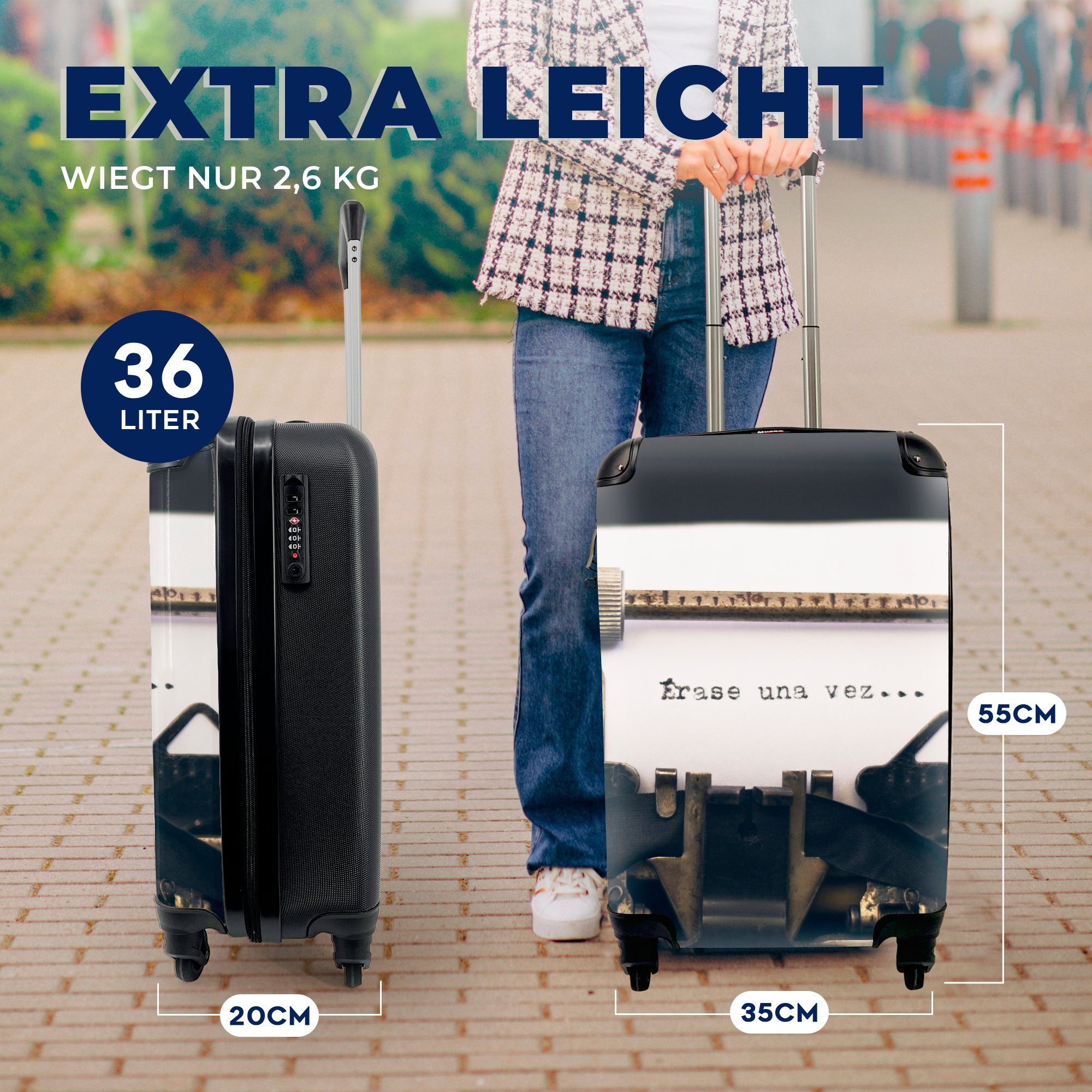 Handgepäckkoffer Trolley, MuchoWow - Vintage Reisekoffer rollen, Spanisch, Schreibmaschine Reisetasche mit Handgepäck für 4 Ferien, - Rollen,