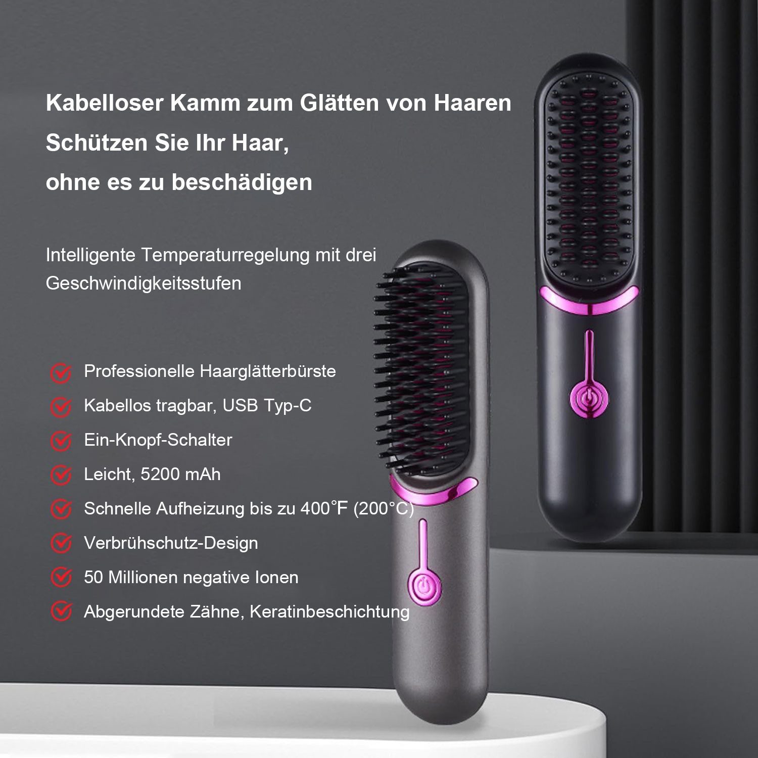 REDOM Haarglättbürste Keramik-Haarglätter Glättkamm Entwirrkamm Styling-Kamm Haarpflege-Kamm, 3 Temperaturstufen 4D-Zähne 1 St geeignet für die meisten Haartypen