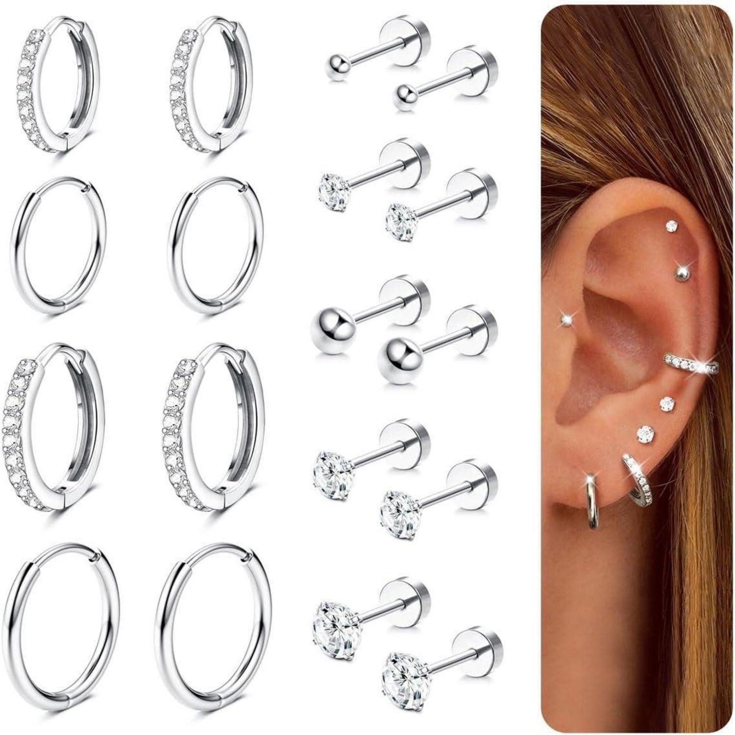Ohrring-Set Ohrstecker 9Paar 316L Cubic Zirkonia Hypoallergen Gold 9Paar Silber