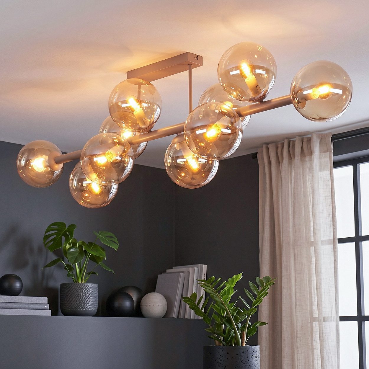 hofstein Deckenleuchte Deckenlampe aus Metall/Glas in Sandfarben/Weiß/Bernsteinfarben, moderne Deckenleuchte im Retro/Vintage-Design, 10 x E14