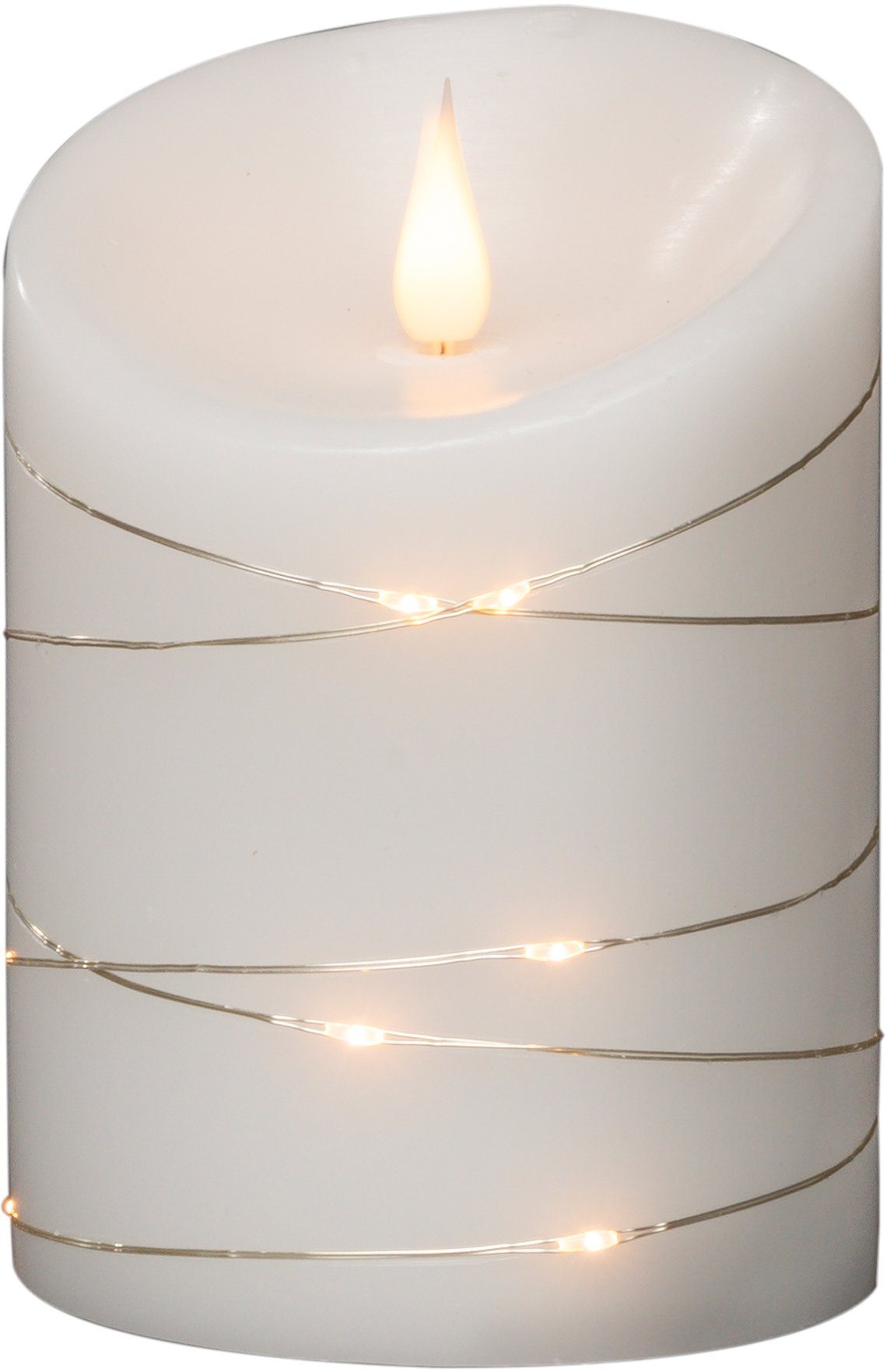 KONSTSMIDE LED-Kerze Weihnachtsdeko (1-tlg), LED Echtwachskerze, weiß, mit 3D Flamme und silberfb. Draht umwickelt