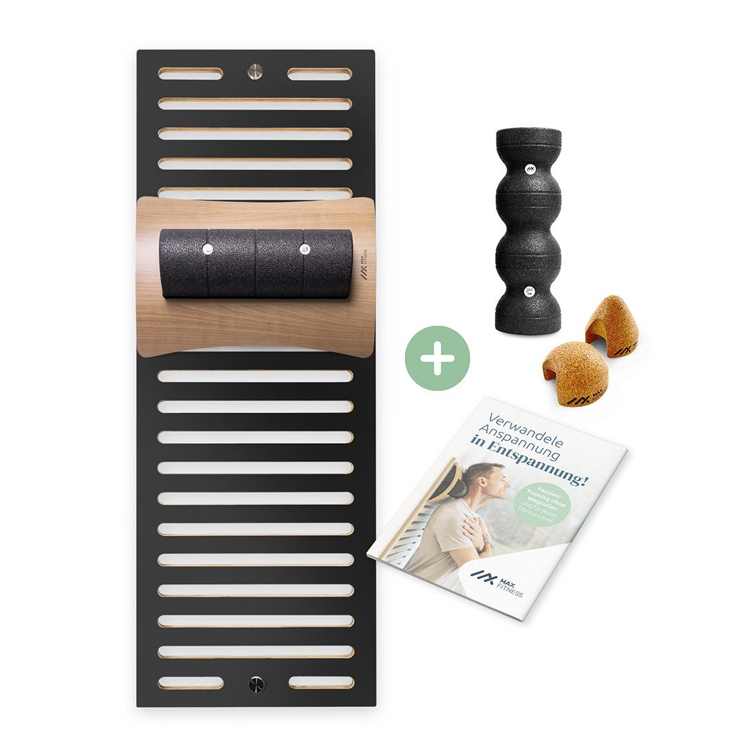 Max Fitness Faszienrolle Set - Rücken Wirbelsäule Faszienrolle Massage Triggerpunkt Training, 1er Set, LeanBoard PickUp 2 Rollen Montageset Ratgeber, Halterung gegen Verrutschen, verstellbares LeanBoard mit Rollen
