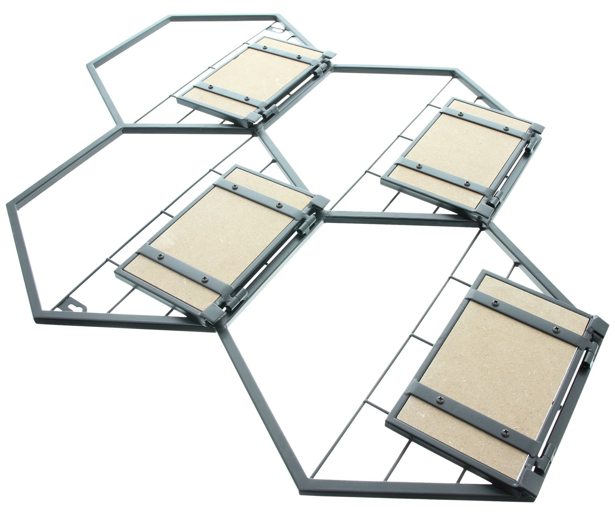 Dekoleidenschaft Deko-Wandregal "Hexagon" aus Metall, schwarz, 4 klappbare Böden aus MDF, furniert, Wanddeko, Wandregal, Wandschmuck, Hängeregal, Metallregal, M – Bild 4 von 5