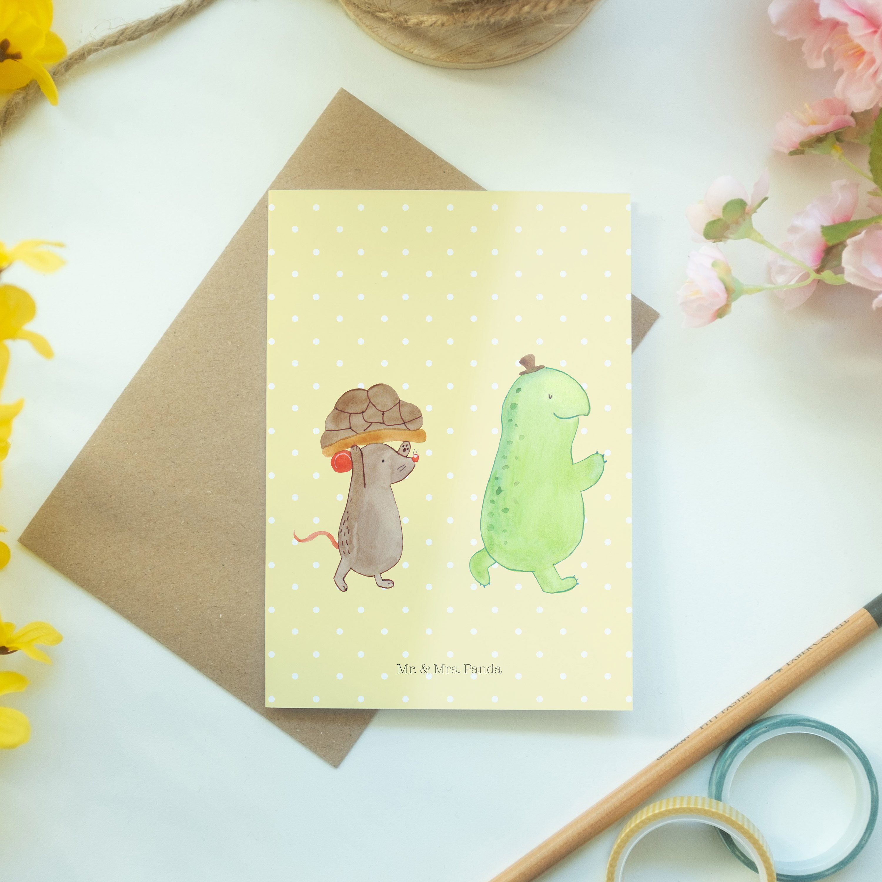 Mr. Grußkarte Geschenk, & - Pastell & Geburtstagskarte, Panda Mrs. Einla Maus - Gelb Schildkröte