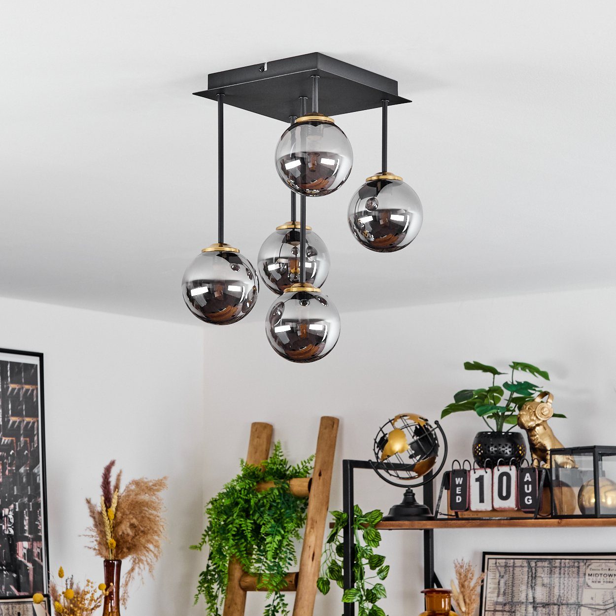 hofstein Deckenleuchte »Isorella« Deckenlampe aus Metall/Rauchglas in Schwarz/Messing/Chrom, ohne Leuchtmittel, Leuchte mit Kugelschirmen aus Glas, 5xG9