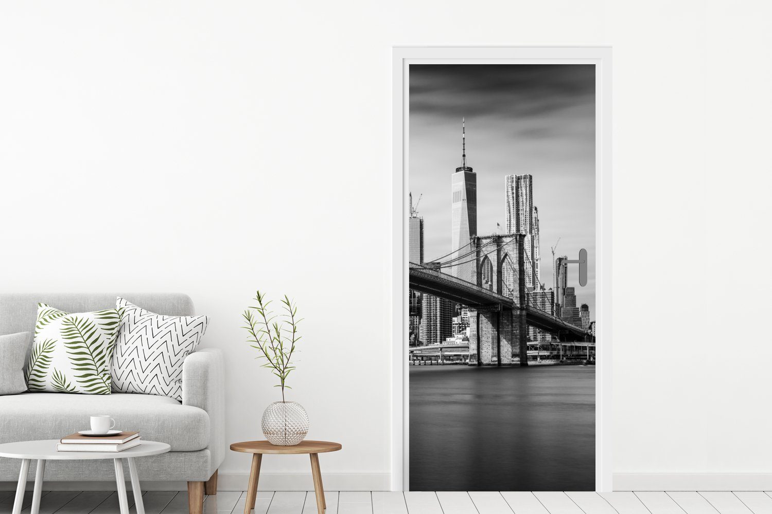 weiß, cm (1 - Schwarz 75x205 Tür, St), York MuchoWow Fototapete Matt, - - Architektur und New Türtapete Türaufkleber, bedruckt, für Wasser - Brooklyn Bridge