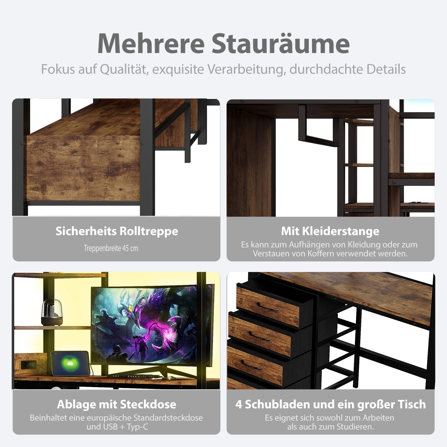 REDOM Hochbett mit Schreibtisch, LED-Beleuchtung und Ablagefächern (Metallbett Kinderbett, Einzelbett 90 x 200 cm) Inklusive Matratze