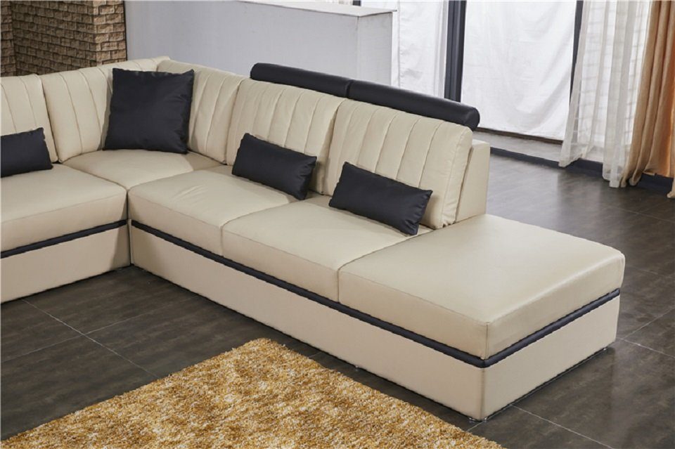 Beige/Schwarz JVmoebel Leder Couch Sofa Ecksofa, Modern Leder U-Form Ledersofa Wohnlandschaft
