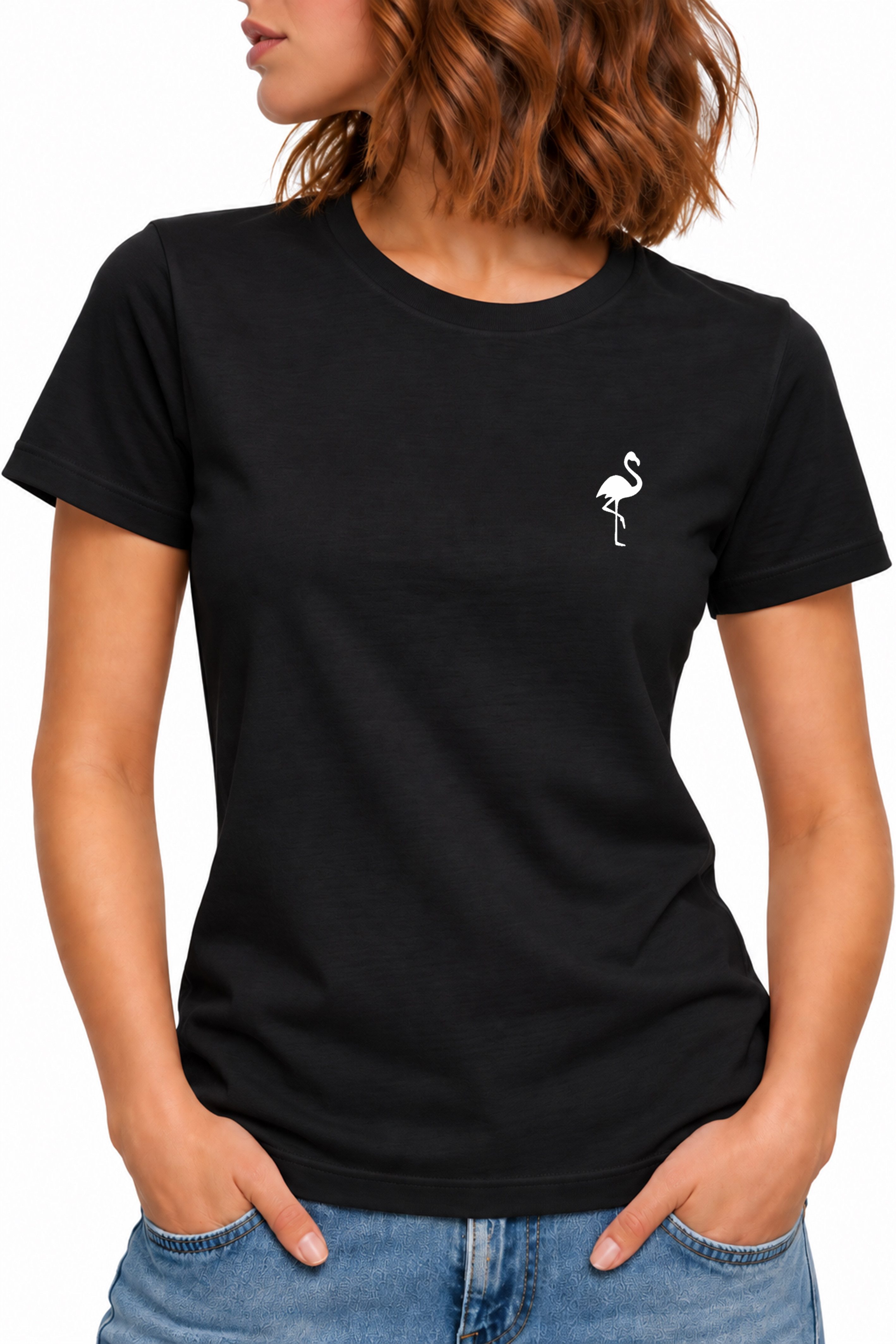 Banco T-Shirt Damen Flamingo Brustprint Rundhals Kurzarm Baumwolle Sommer Freizeit mit kleinem Flamingo-Print auf der Brust