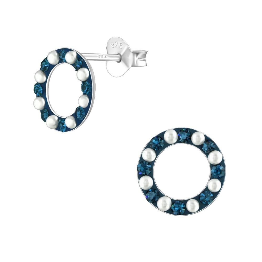BUNGSA Ohrring-Set Ohrstecker Kreis mit Perlen und Kristallen aus 925 Silber Damen (1 Paar (2 Stück), 2-tlg), Ohrschmuck Ohrringe