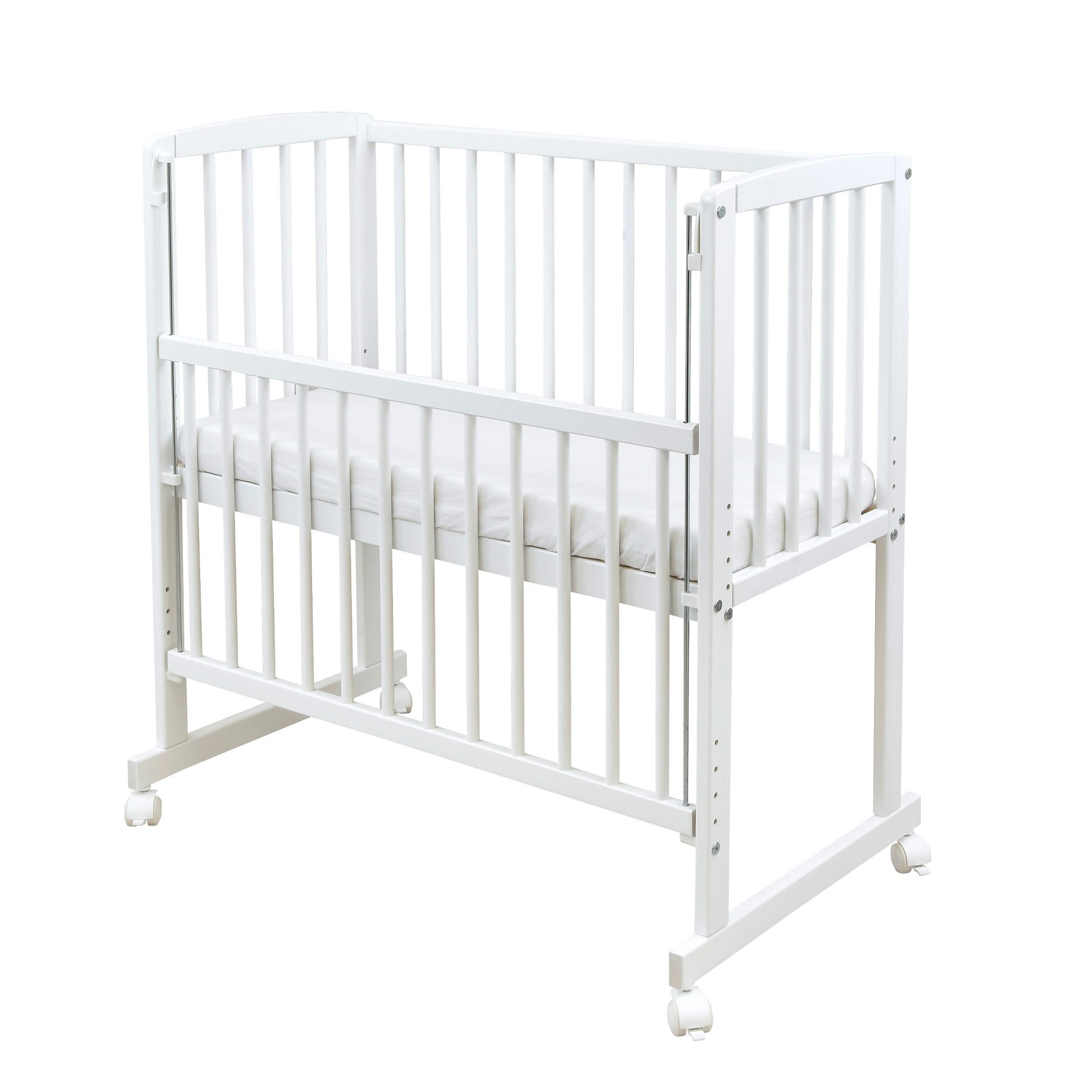 Baby-Delux Beistellbett Beistellbett, Babybett Stubenbett 90x40 weiß Kiefer mit Rollen Matratze