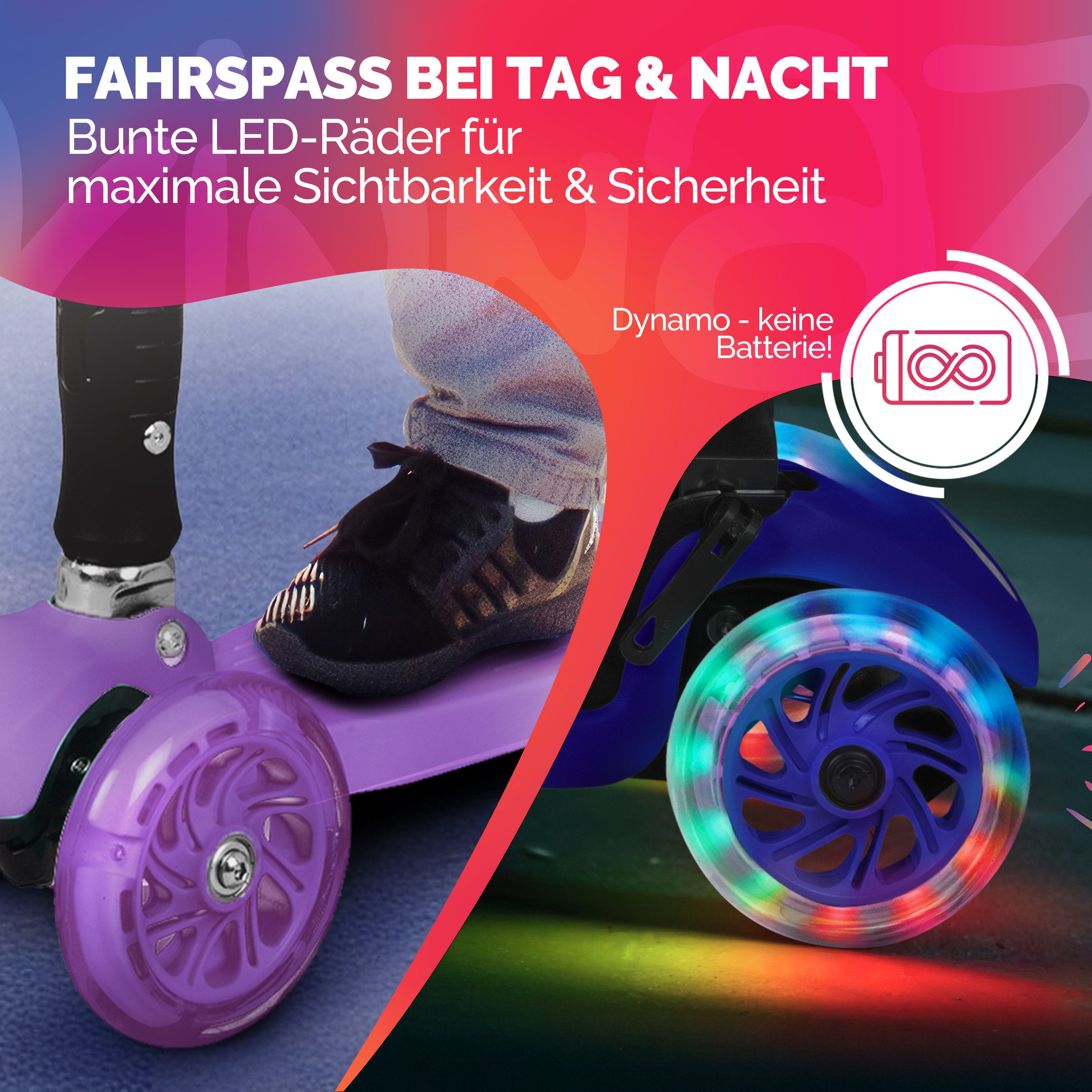 KINNAZ Dreiradscooter ab 5 Jahre, LED Räder, Höhe flexibel, faltbar, Roller Scooter Garantie, (Kinderroller, Kinnaz Two), faltbar, höhenverstellbar, LED Räder,  – Bild 4 von 5