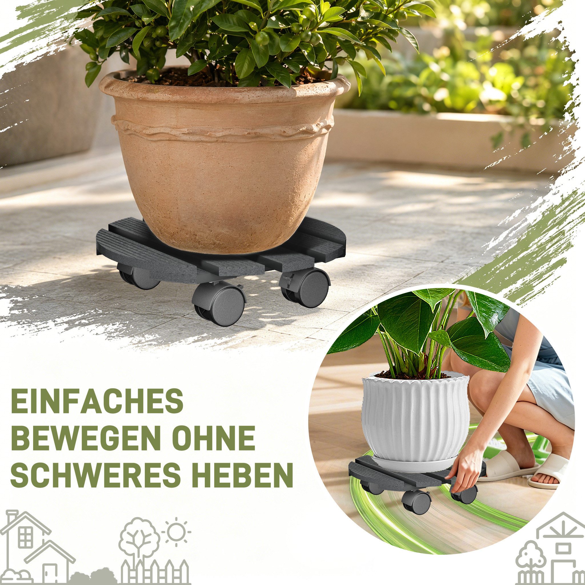 FIVMEN Pflanzenroller WPC Rollbrett Pflanzen 100 kg Tragkraft Blumenroller 30 x 30 cm, Rollen mit 2 Feststellern für Außenbereich Innenbereich – Bild 4 von 5