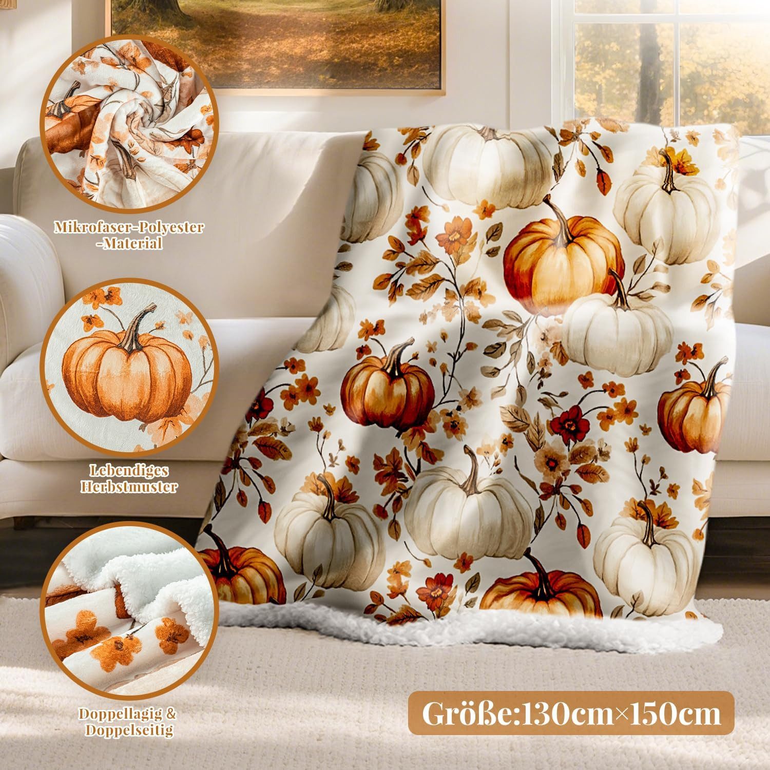 Wohndecke Herbstdecke mit Kürbis- und Blattmotiv, weich, 150 x 130 cm, FOUORTUNATE-BEE, Weiche orange Kuscheldecke für Sofa & Bett, Halloween-Deko – Bild 5 von 5