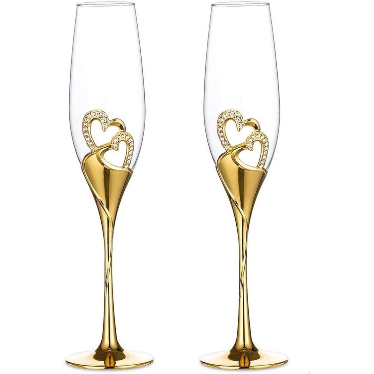 LuxusKollektion Weinglas Hochwertige Diamant-besetzte Herz Weingläser Kristall Gold 2er Set