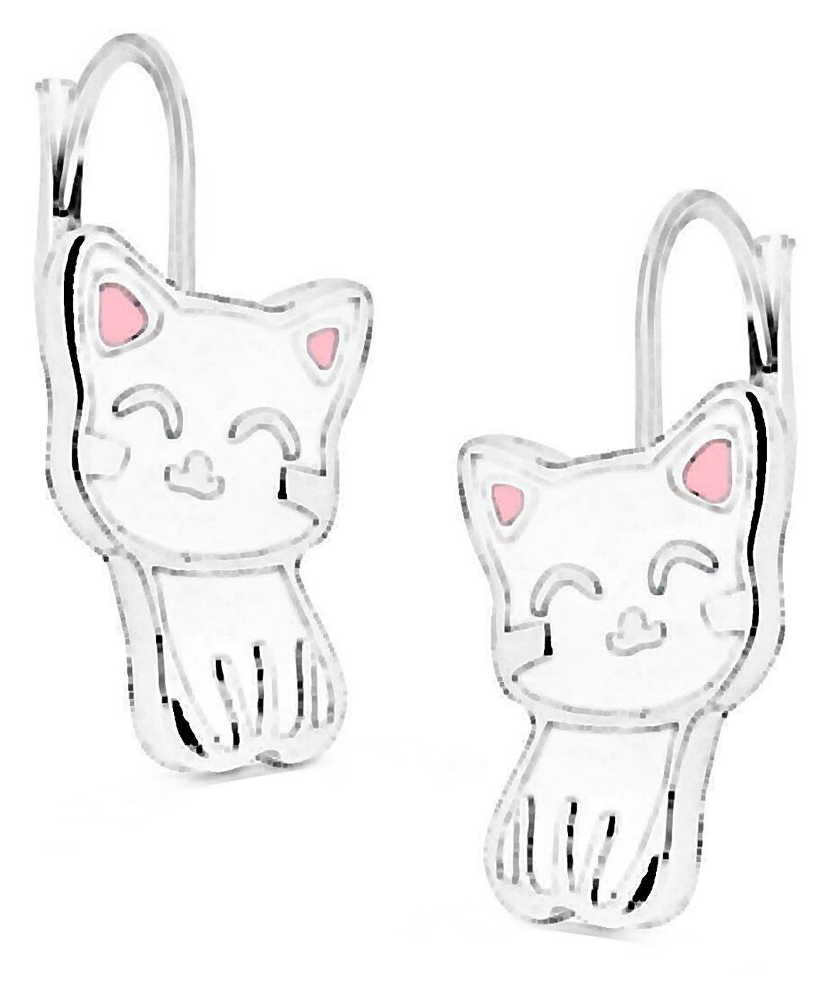 Goldene Hufeisen Paar Ohrhänger Kinderohrringe Katzenliebe mit weißer Katze für kleine Mädchen, 925 Silber (Sterlingsilber), Hypoallergen