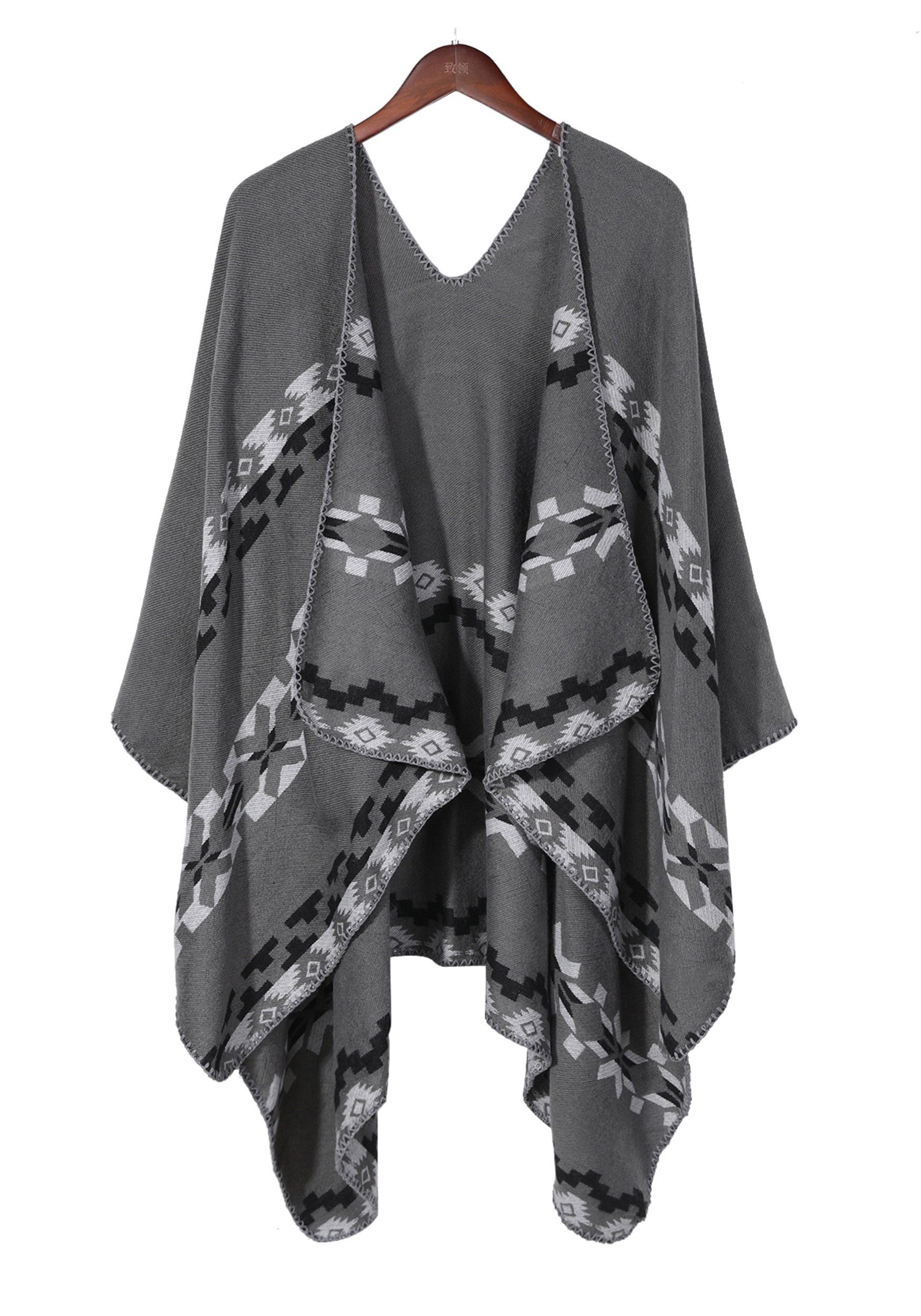 MAGICSHE Regenponcho Damen Retro Argyle-Muster Open Front Schal Umkenrbares Design mit print,elegant und stilvoll grau