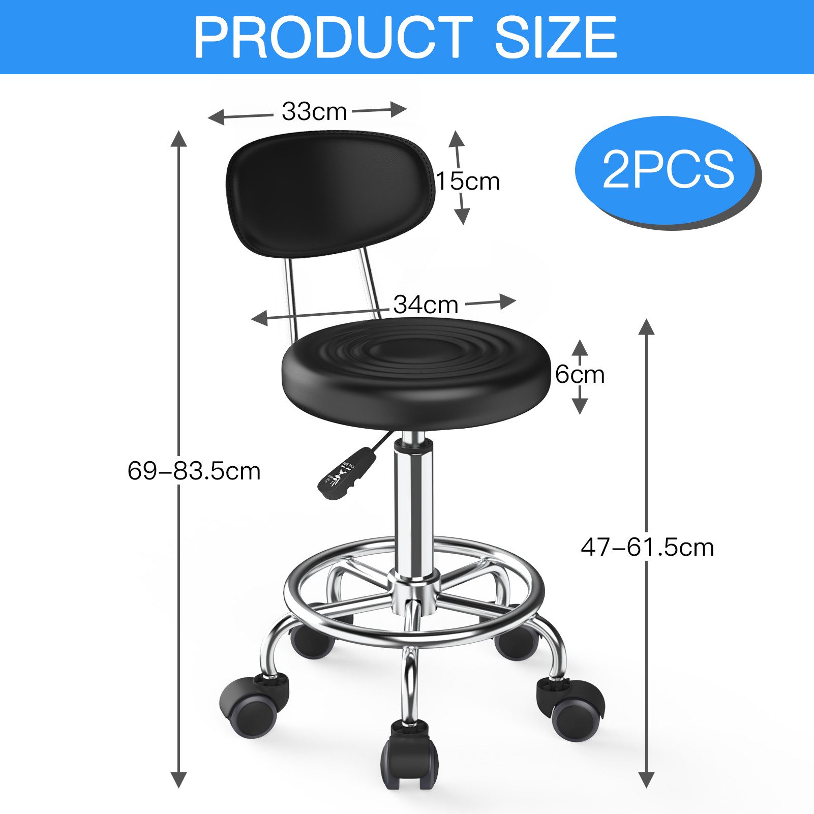 JEOBEST Drehhocker Bürostuhl Arbeitshocker mit Lehne, 360° Drehbar, (2 St., Rollhocker, Ergonomischer), PU Leder Ø34 x 47-61.5 cm – Bild 5 von 5