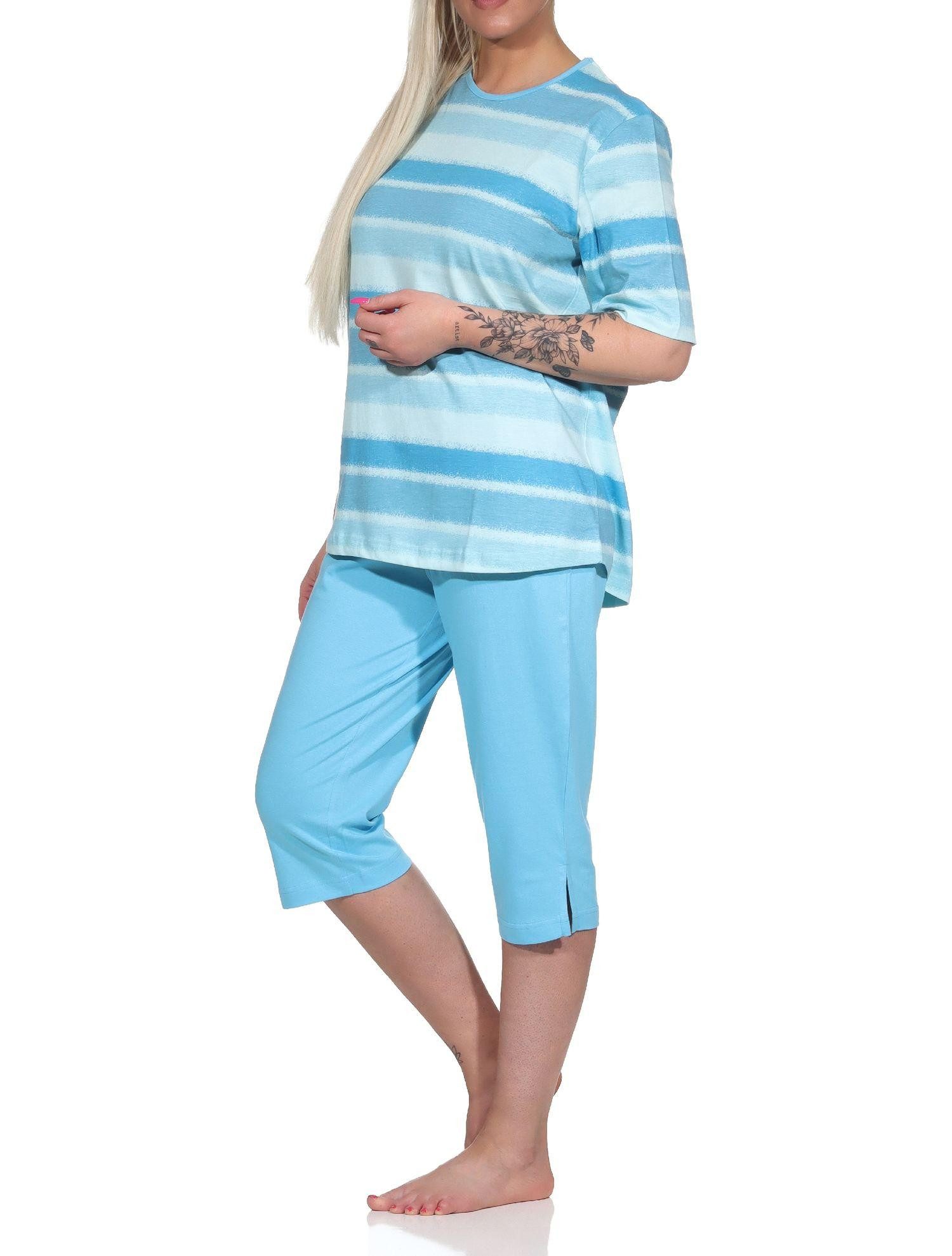 Normann Pyjama Damen Capri Schlafanzug kurzarm Pyjama im farbenfrohen Streifen Look