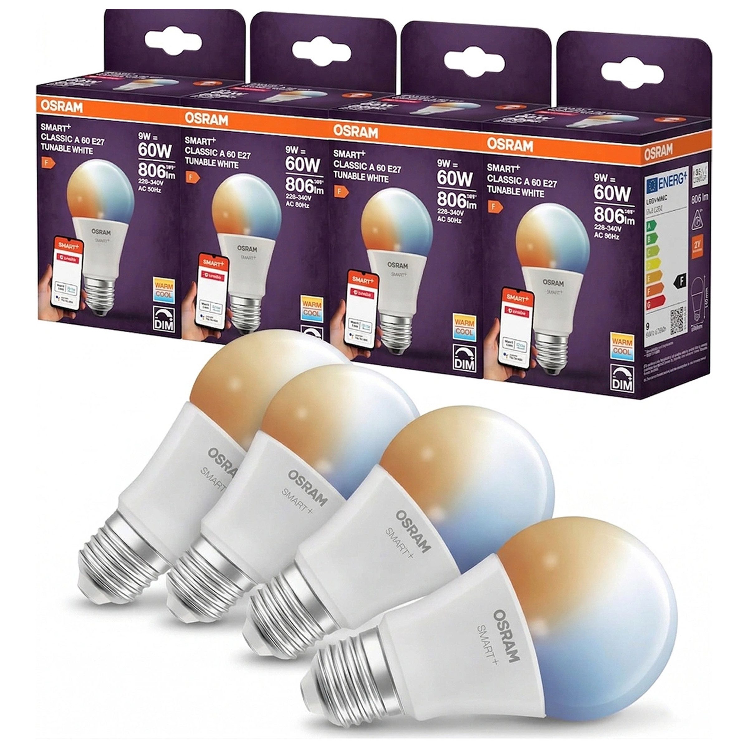 Osram LED-Leuchtmittel Osram SMART+ A60 E27 9W TW Zigbee – 4er-Pack, 4 St.