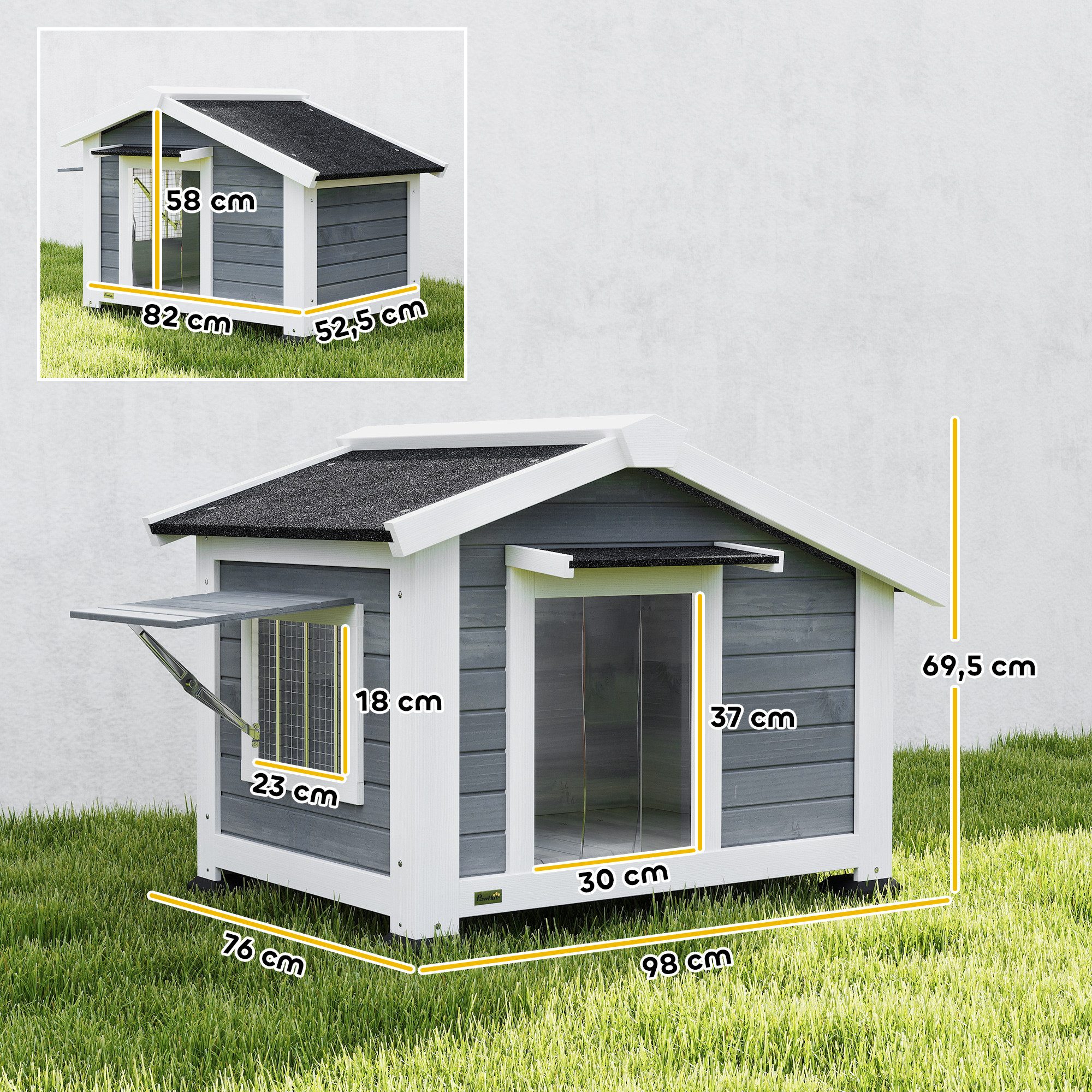 PawHut Hundehütte wetterfestes Hundehaus aus Holz mit herausnehmbarem Boden Asphaltdach, für mittelgroße Hunde bis 20 kg Indoor Outdoor 98 x 76 x 69,5 cm Grau