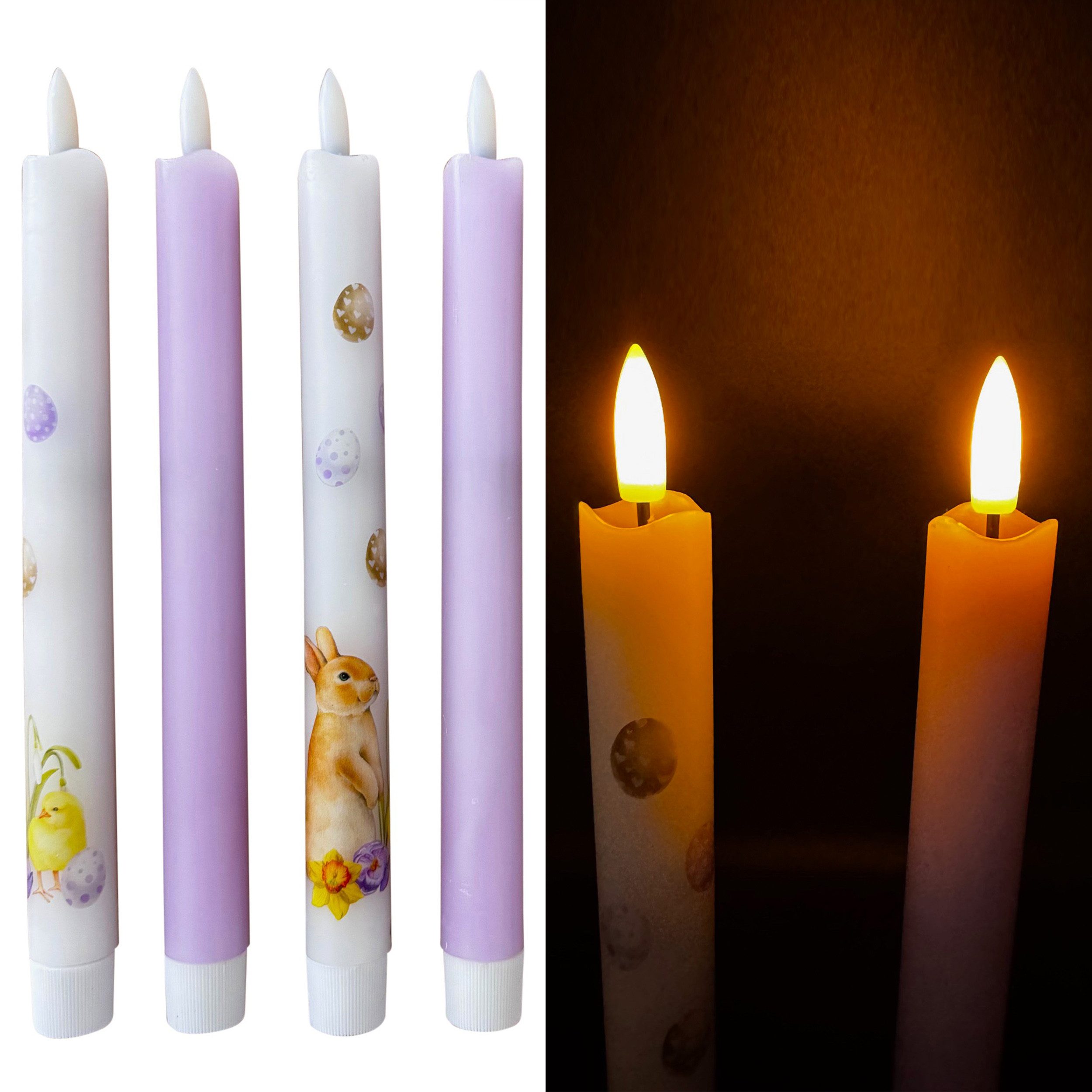 Online-Fuchs LED-Kerze 4 LED Stabkerzen mit Timer im Frühlingsdesign & Osterhasen - Osterdeko (im zarten Gelb oder Flieder Ton, mit realistischer Kerzenflamme), praktische 6-Stunden Timerfunktion