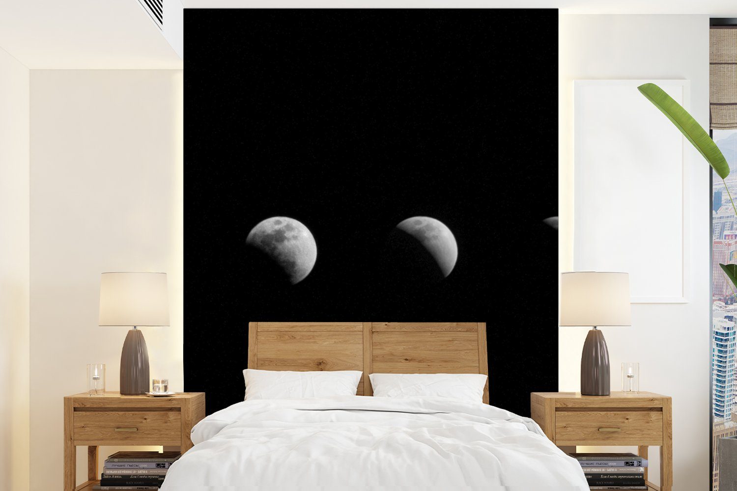 MuchoWow Fototapete Schwarz - Weiß - Mond - Mondphase - Weltraum, Matt, bedruckt, (4 St), Montagefertig Vinyl Tapete für Wohnzimmer, Wandtapete