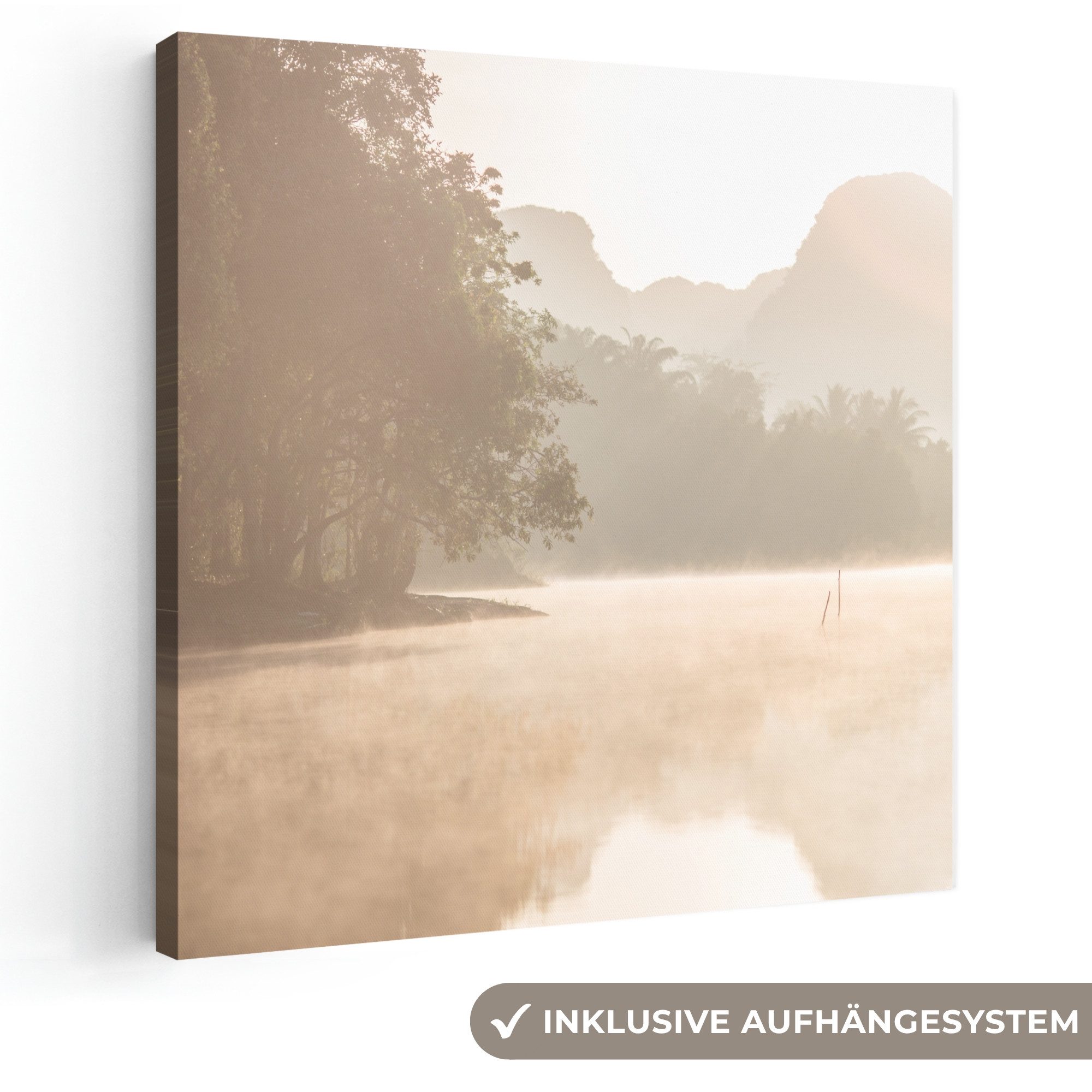 OneMillionCanvasses® Leinwandbild Landschaft - Wald - Wasser - Nebel - Beige, Fotodruck (1 St), Wandbild, Deko Schlafzimmer Wohnzimmer Flur 20x20 cm