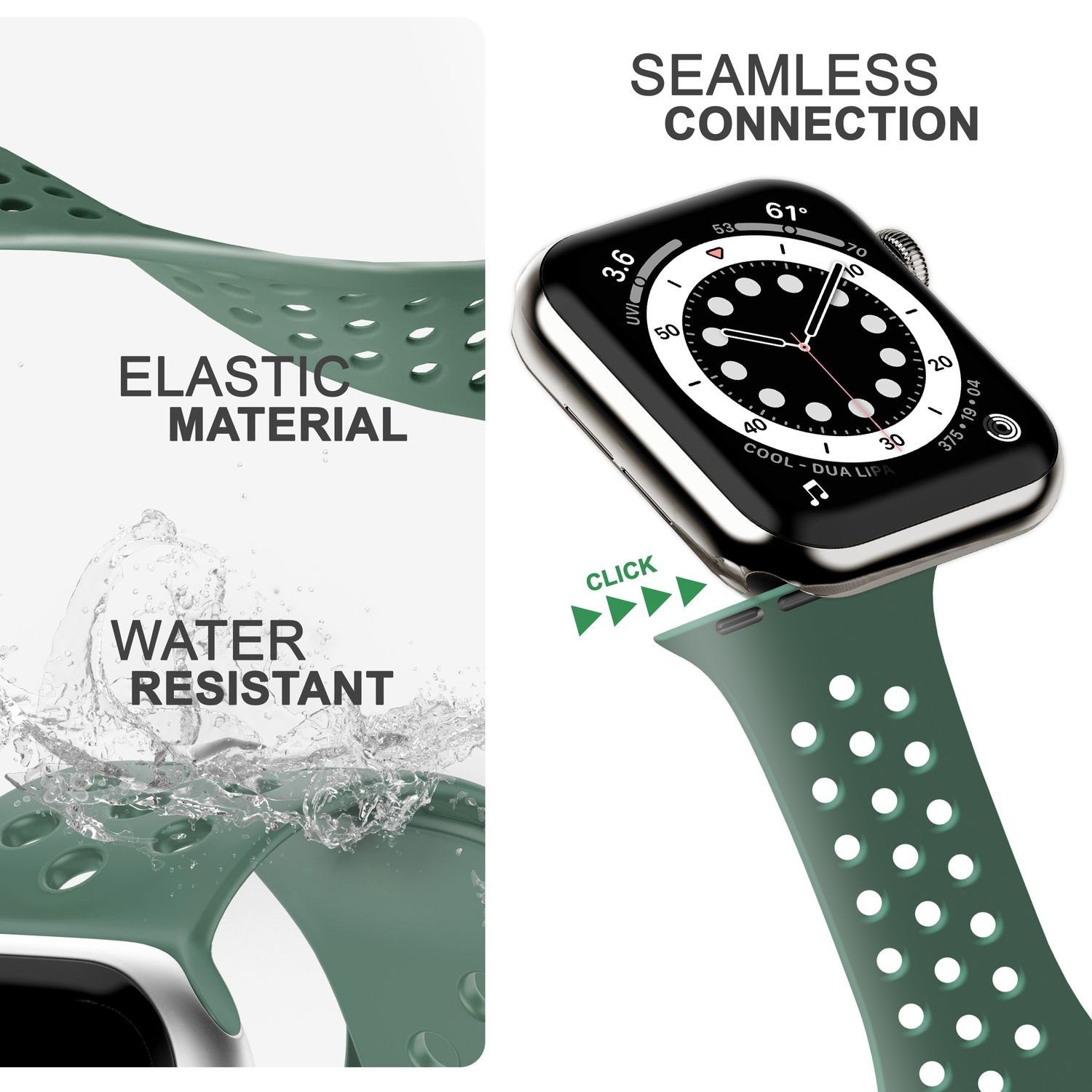 Nalia Smartwatch-Armband Apple Watch 38mm/40mm/41mm, Fitness Ersatzband Grün für Silikon Uhr Gelochtes / Sport Atmungsaktiv 