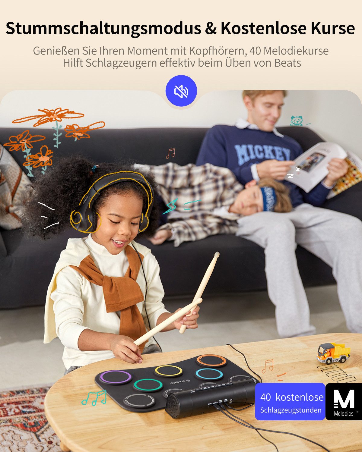 Donner E-Drum Elektrisches Drumpad Elektronisches Drumset mit 9 Pads DED-20(SE),Set, Netzteil USB-Datenkabel 3,5-mm-Audiosticks 2 Pedale, Eingebauter Lautsprecher Aufrollbares,unterstützt Kopfhöreranschluss