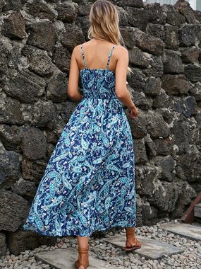BlauWave Druckkleid Bedrucktes Kleid mit V-Ausschnitt und Taille (Bequem und langlebig, 1-tlg., Für den Alltag unterwegs) Sommer Frauen ärmelloses langes Kleid