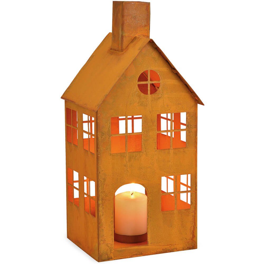 matches21 HOME & HOBBY Kerzenständer Haus mit Fenstern Windlicht Metall Rostoptik 1 Stk 16x36 cm | Kerzenständer