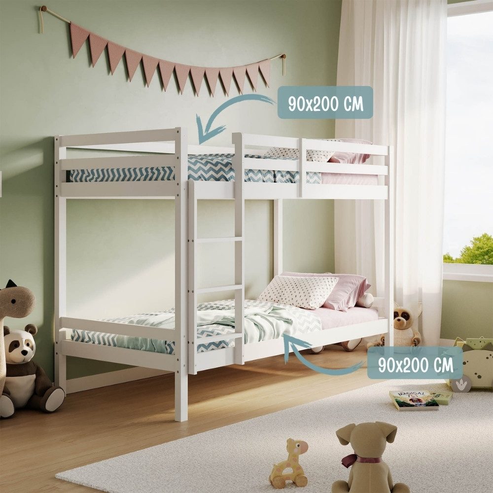 Kids Collective Loft Bed 90x200 Bunk Bed, EN 747 certified and space-saving design (with safe climbing) Bunk bed 206x96x146 cm, White