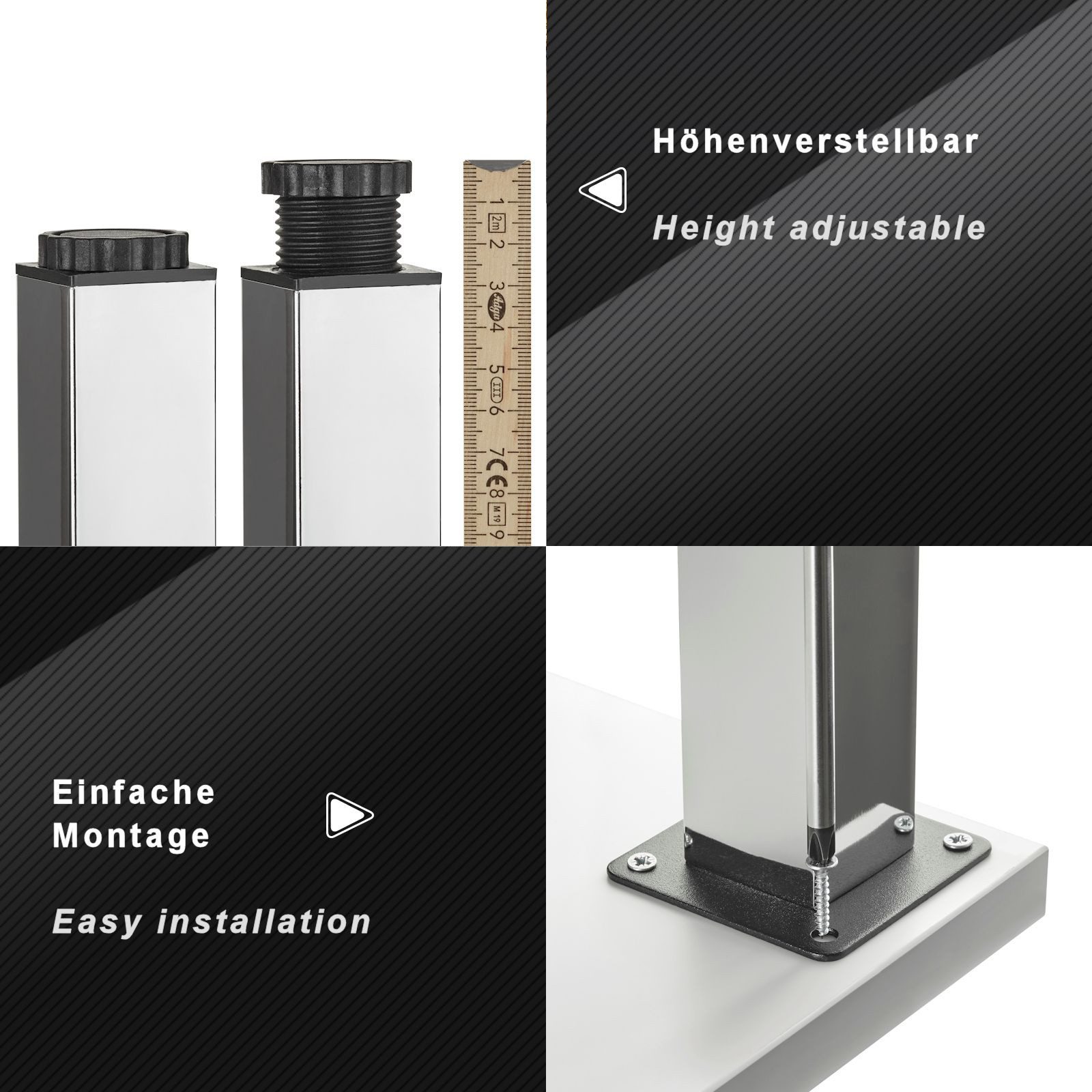 SO-TECH® Möbelfuß ZULU 38 x 38 mm 100 - 150 mm, belastbar bis 100 kg pro Fuß, (1-St), Vitrinenfuß Sockelfuß Schrankfuß Höhe 100 mm Chrom poliert