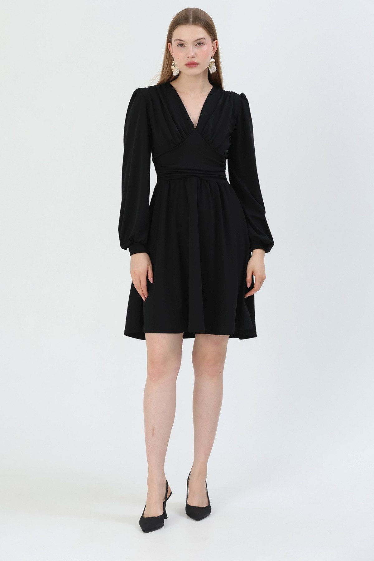 WOMAN VISION Minikleid V-Ausschnitt, langärmeliges ausgestelltes Kleid