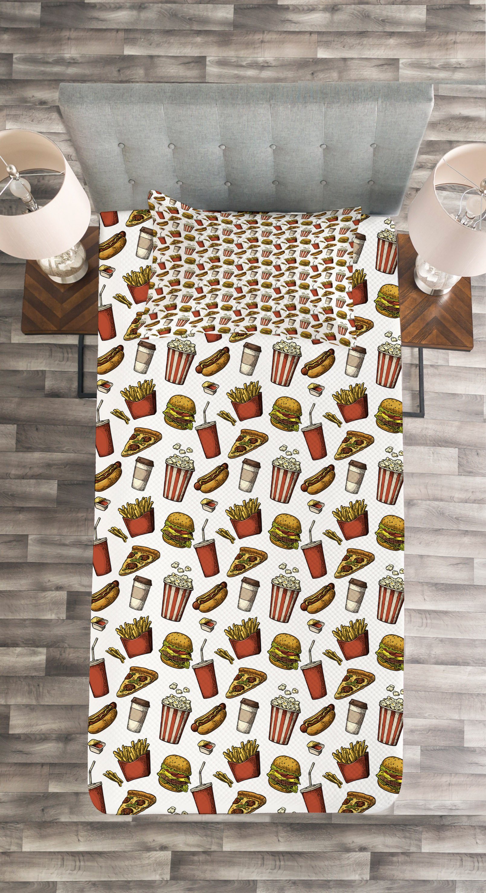 Set Waschbar, mit Food Hotdog Tagesdecke Kissenbezügen Fast Popcorn Burger Abakuhaus,